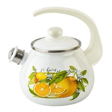 2.7-qt Novomoskovsk Lemon Enamel Kettle with Whistle Vintage Enameled Tea Pot picture