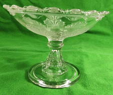 EAPG Small Compote Pressed Glass Clear Raised Leaf Scalloped Edge Pedestal 5