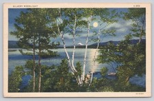 Vintage Silvery Moonlight Lake Scene New Hampshire Linen Postcard 1937 CT picture