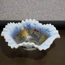 Vtg Fenton Art Glass Opalescent Ruffled Bowl Weave Leaves Floral Pattern picture