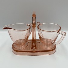 Vtg Pink Depression Glass Creamer Sugar Set Greensburg LE Smith Art Deco Caddy picture