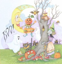BOO Witch Owl Ghost Cat-Handcrafted Halloween Magnet-w/Mary Engelbreit art picture