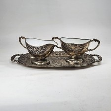 EP Zinc Creamer & Sugar Bowl on Matching Tray Made in Japan MCM Victorian Style picture