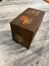 Vintage Wooden Recipe Card Box Hinged Lid Retro Kitchen Decals Rustic Storage picture