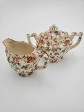 Vintage Moriama Mori-Machi Chintz Creamer Sugar Bowl Set Lid Japan Floral-AS IS picture