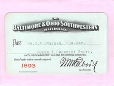 PEABODY SIGNED BALTIMORE OHIO SOUTHWESTERN RAILWAY RR RAILROAD PASS RARE 1893 picture