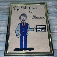 Vintage Needlepoint My Husband The Pauper Framed Wall Décor Humorous picture