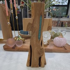 Handmade Juniper Wood Cross Resin Filled Turquoise Inlay Religious Home Decor picture