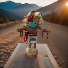 Vintage Navajo Sunface Kachina Doll Signed U.Z. Hand-Carved Wood 8in 1970s-1990s picture