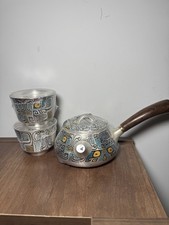Chinese 990 Fine Silver Teapot and 2 Cups Set Geometric Design with Certificates picture