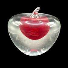 Art Glass Hand Blown Apple Paperweight Red Encased in Clear Glass Smooth Bottom picture