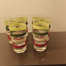 Anchor Hocking Striped 5 1/2” Fiesta Tumblers / Juice Glasses MCM Kitchen Set 4 picture