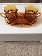 Antique Bohemian ? Amber ? Yellow Orange Glass Depression Cream Sugar Platter picture