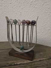 Vintage MCM Gemstone Cocktail Forks Skewers In Dark Wood & Chrome Rack Retro  picture