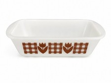 Vintage Glasbake Milk Glass 10” Baking Dish Brown Plaid And Tulips 1.5 Quart picture