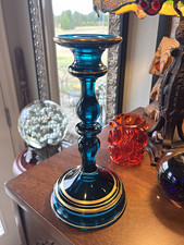 Vintage Tiffin Blue Glass Peacock Candlestick Holder Goild Trim Taper 8.5 in picture