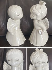 2 VTG Porcelain Ceramic Glossy White Kissing Winged Boy & Girl Angels Figurines picture