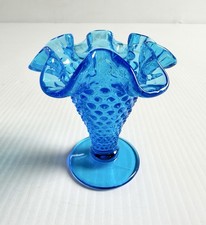 Vintage Fenton Blue Glass Ruffled Edge Hobnail Vase MCM 4” picture
