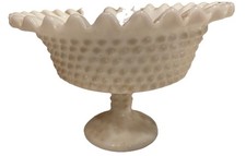 VINTAGE FENTON WHITE MILK GLASS PEDESTAL BOWL CANDY DISH HOBNAIL RUFFLED EDGE picture