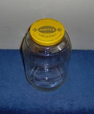 VINTAGE-1980's-MOTT'S APPLESAUCE-GLASS JAR w/YELLOW LID-BARREL SHAPED-NO CRACKS picture
