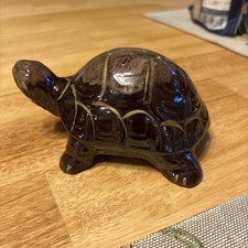 Vintage Mid Century Ceramic Turtle Money Bank Redware Drip Glaze Brown Pottery picture