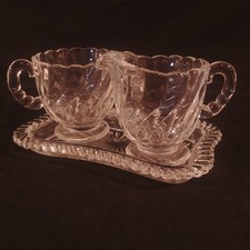Creamer Sugar Dish On Tray Set Clear Glass With Swirl Vintage picture