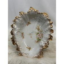 Antique Dresdon RS Prussia Porcelain Floral Bowl Gold Gilt Scalloped Germany picture