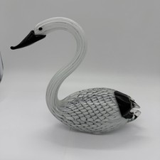 Murano Style Art Glass Swan Bird Sculpture Black White Blown Glass Decor 9” picture