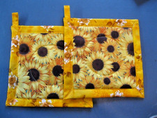 2 potholders, hot pads,  sunflowers, brown,  gold, 8 1/2