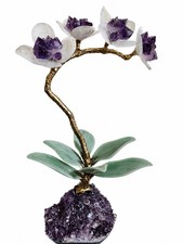 Handcrafted Amethyst Gemstone Orchid Flower Sculpture on Quartz & Crystal Base - picture
