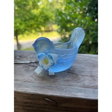 Vintage Frosted Blue Satin Glass Bluebird Figurine Dish Flower Taiwan 2.5 inch picture