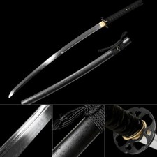 Black katana Handmade Katana Clay Tempered T10 Steel Unokubi-Zukuri picture