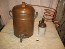 NICE Antique Copper 3-4 Gallon Moonshine Still w/Coil + Brown Moonshine Jug LQQK picture