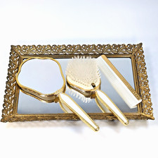 VTG Vanity Set Mirror Brush Tray 1950s Mid Century Regency Boudoir Gold Ornate picture