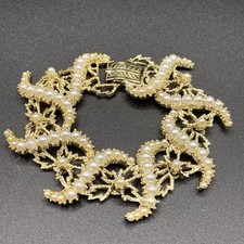 Unmarked Goldtone & Faux Pearl Link Bracelet 7