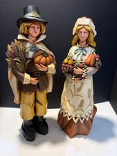 Thanksgiving Harvest Pilgrims w/ Food Feast Cubist Large Resin 18