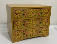 Vtg FLOWER POWER Lacquered Mid Century Mustard Yellow 4 Drawer Jewelry Chest Box picture