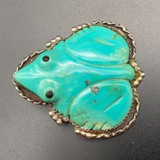 Vintage Zuni Native Frog Fetish Turquoise Silver Pin Brooch Pendant picture