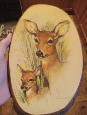 Vintage Deer And Fawn Picture On Piece Of Wood picture