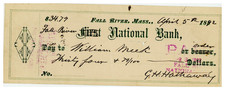 1892 Fall River Mass. Bank Check William Meek Signed G.H. Hathaway Antique picture