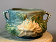 Vintage Art Deco Roseville Water Lily 663 Jardiniere Double Handles 3