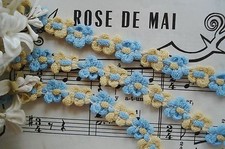 2y VINTAGE FRENCH YELLOW BLUE COTTON ROCOCO ROSETTE FLOWER RIBBON TRIM LACE DOLL picture