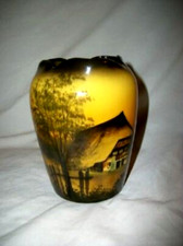 ANTIQUE GERMANY SCHRAMBERG SMF SCENIC VASE MAJOLIKA HP CHALET TREES 1920s #2447 picture