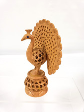 Vintage Wooden Hand Carved Peacock Sculpture Figurine Decoration 5.25 in high picture