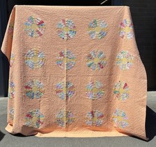 Huge Antique Dresden Plate Hand Quilted 1930’s Orange Peach Color Quilt 80”x96” picture
