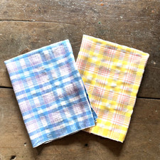 Vintage Pair of Irish Linen Blend Blue & Yellow Check Tea Towels New/Old Stock picture