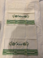HIS & HERS BEAUTIFUL VINTAGE HAND EMBROIDERED KING SIZE PILLOWCASE PAIR picture
