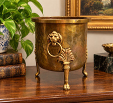 Antique Imperial Russian Tula Hammered Brass Jardiniere Lion Mask Paw Feet 1800s picture