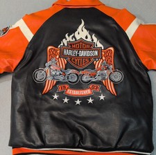 Boys Harley Davidson Motorcycle Black & Orange Faux Leather Jacket Youth 16/18 picture
