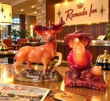VTG 50s Ramada Inn Figural Candles Buck Deer Miner Hotel Ad Pair VERY RARE picture